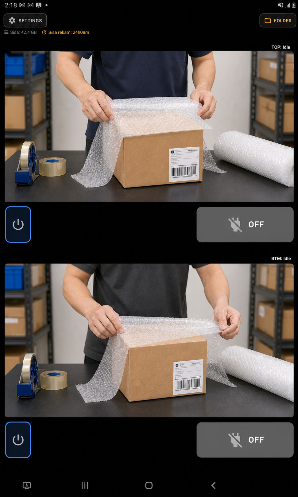 Tampilan aplikasi Rekam Paket dengan dua kamera packing