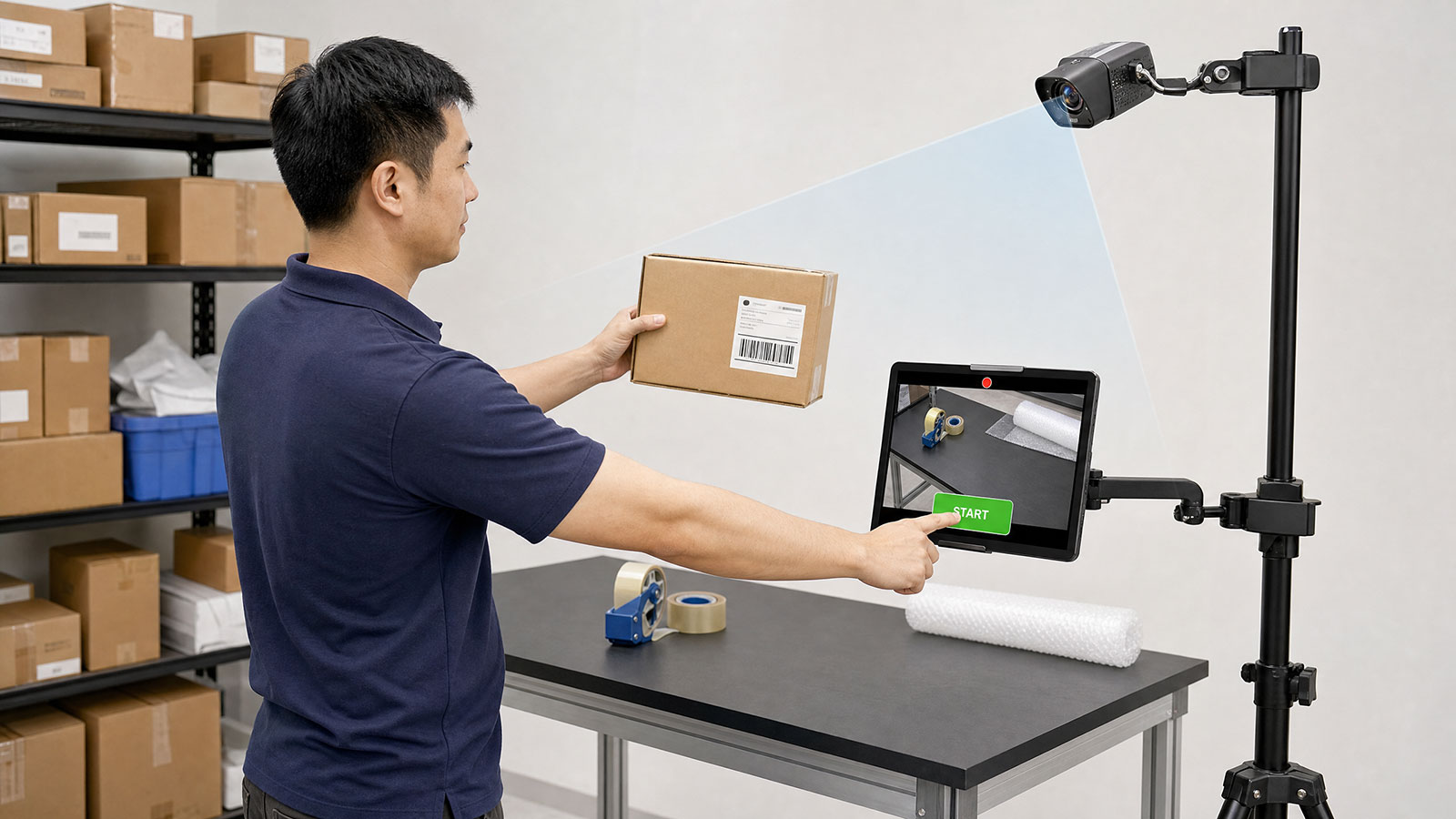 Skema setup satu kamera dengan satu tablet Android di meja packing